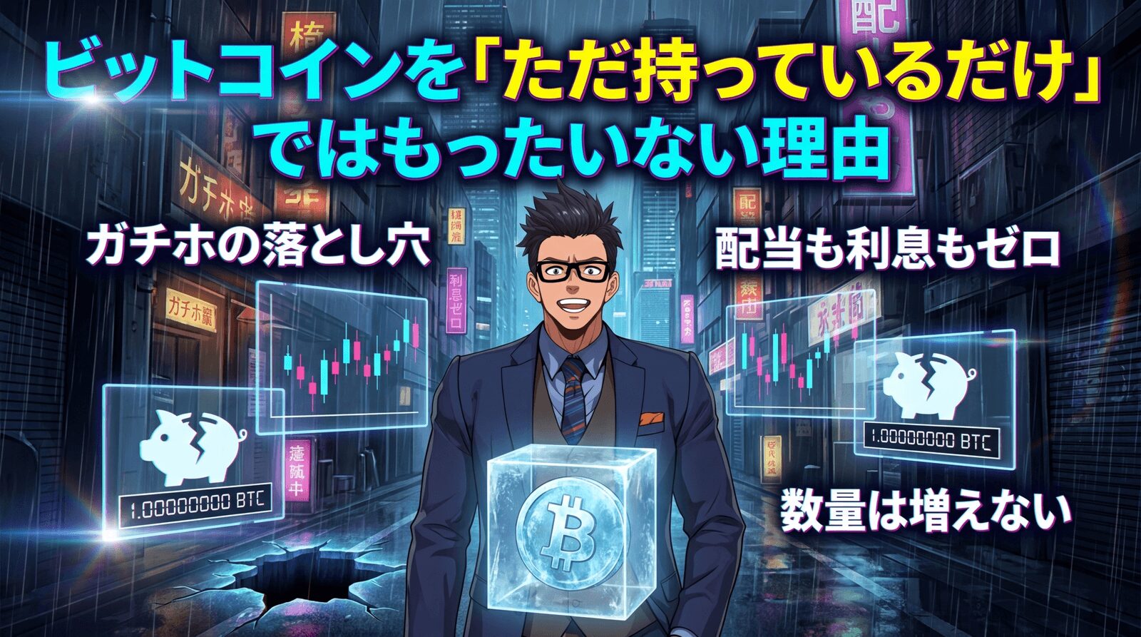あなたのBTC、眠らせてませんか?についてガチホの落とし穴や配当も利息もゼロや数量は増えないなどの要素を描いたイラスト