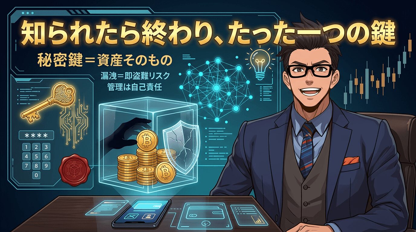 暗号資産の秘密鍵管理の重要性を説明するスーツ姿の男性とビットコインや金色の鍵が描かれた画面