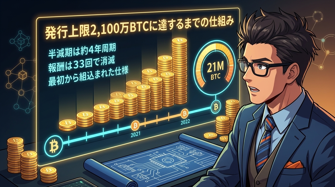 ビットコインの発行上限2100万BTCと半減期の仕組みを説明する図表とビジネスマン