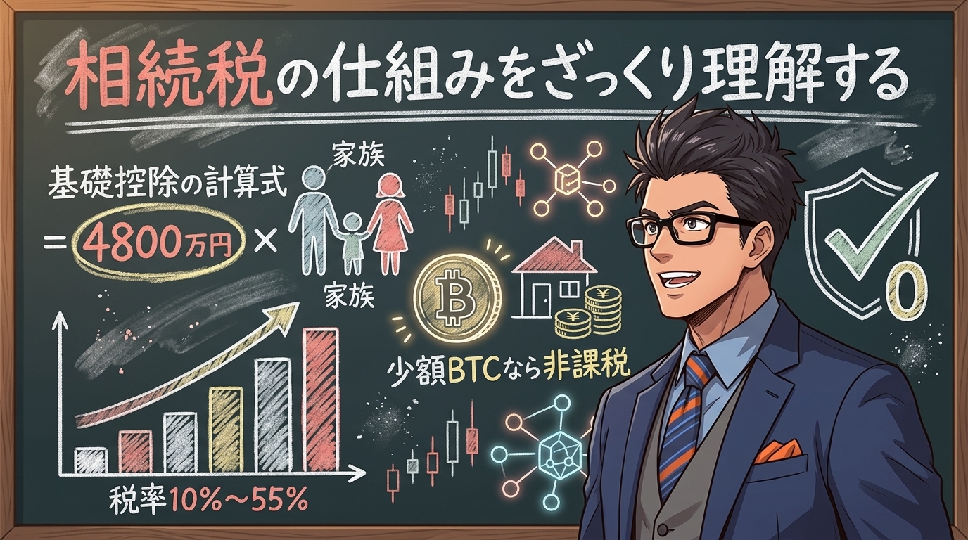 相続税の仕組みをざっくり理解するを解説するイラスト|ビットコイン 相続税