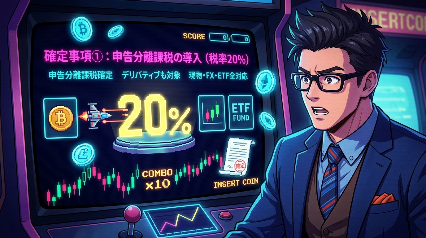 仮想通貨の税金、ついに20%へ!について申告分離課税確定やデリバティブも対象や現物・FX・ETF全対応などの要素を描いたイラスト