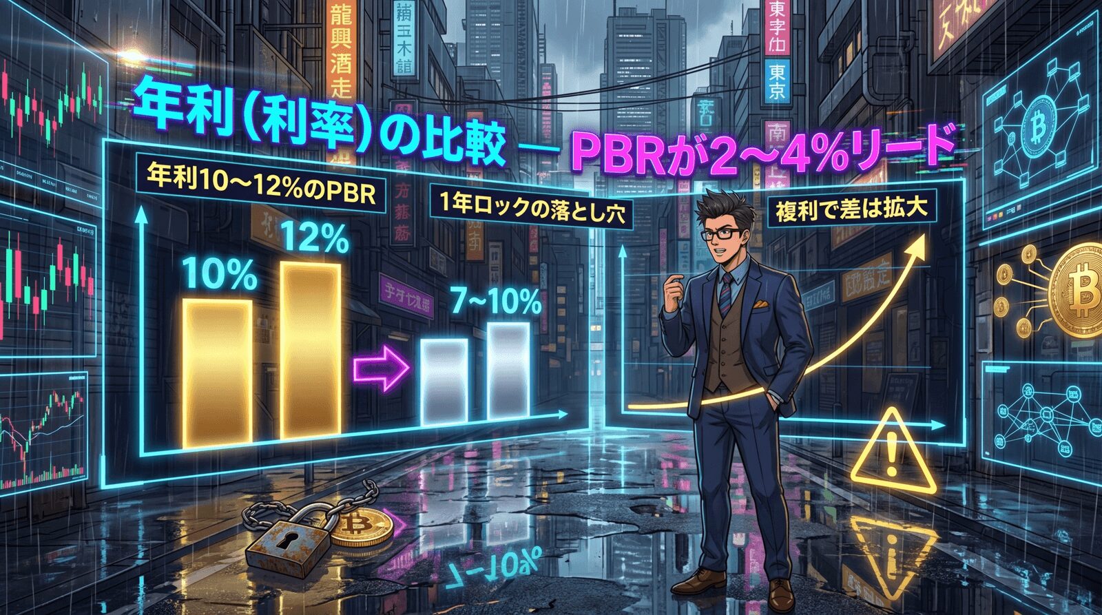 たった数%の差が未来を変えるについて年利10〜12%のPBRや1年ロックの落とし穴や複利で差は拡大などの要素を描いたイラスト