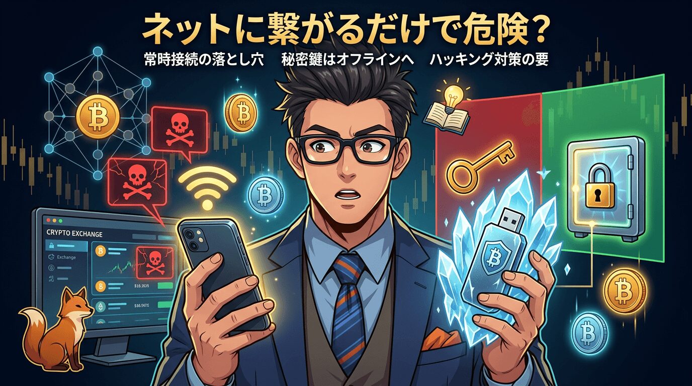 インターネットに繋がるだけで危険かと問いかける仮想通貨の安全対策を説明する画像で、眼鏡をかけたビジネスマンがスマートフォンとUSBメモリを持ち、背景に仮想通貨取引所の画面や危険を示すドクロマーク、鍵のアイコン、無線LAN記号が描かれている