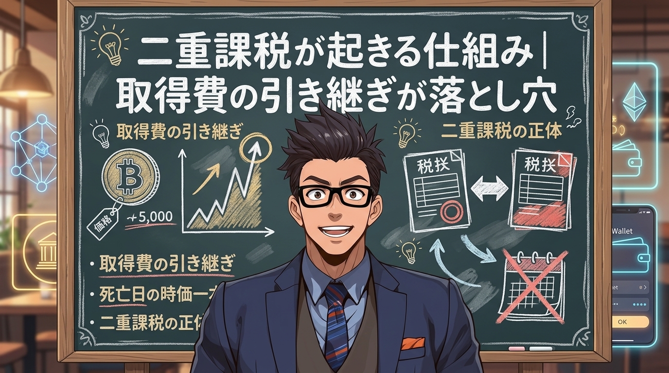二重課税が起きる仕組み|取得費の引き継ぎが落とし穴を解説するイラスト|ビットコイン 相続税