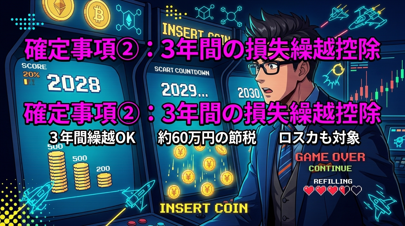 負けても次がある!損失繰越で60万円の節税について3年間繰越OKや約60万円の節税やロスカも対象などの要素を描いたイラスト