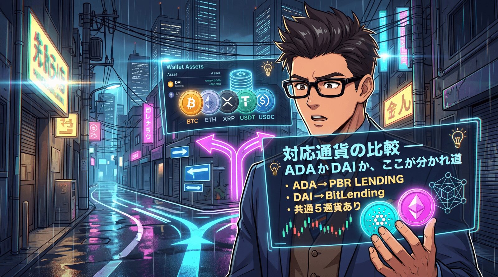 たった1通貨の違いで選ぶサービスが変わるについてADA→PBR LENDINGやDAI→BitLendingや共通5通貨ありなどの要素を描いたイラスト
