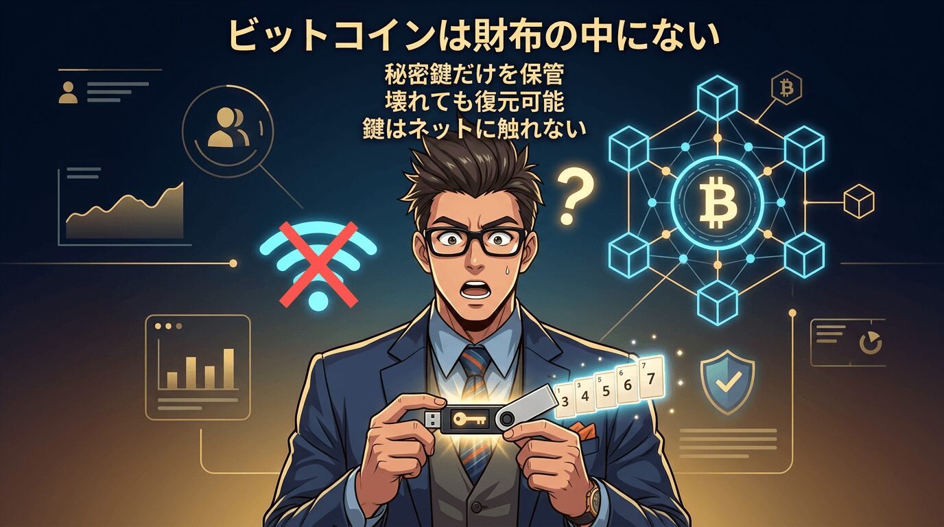 ビットコインの秘密鍵を持つ男性と分散型台帳技術の仕組みを説明する図解