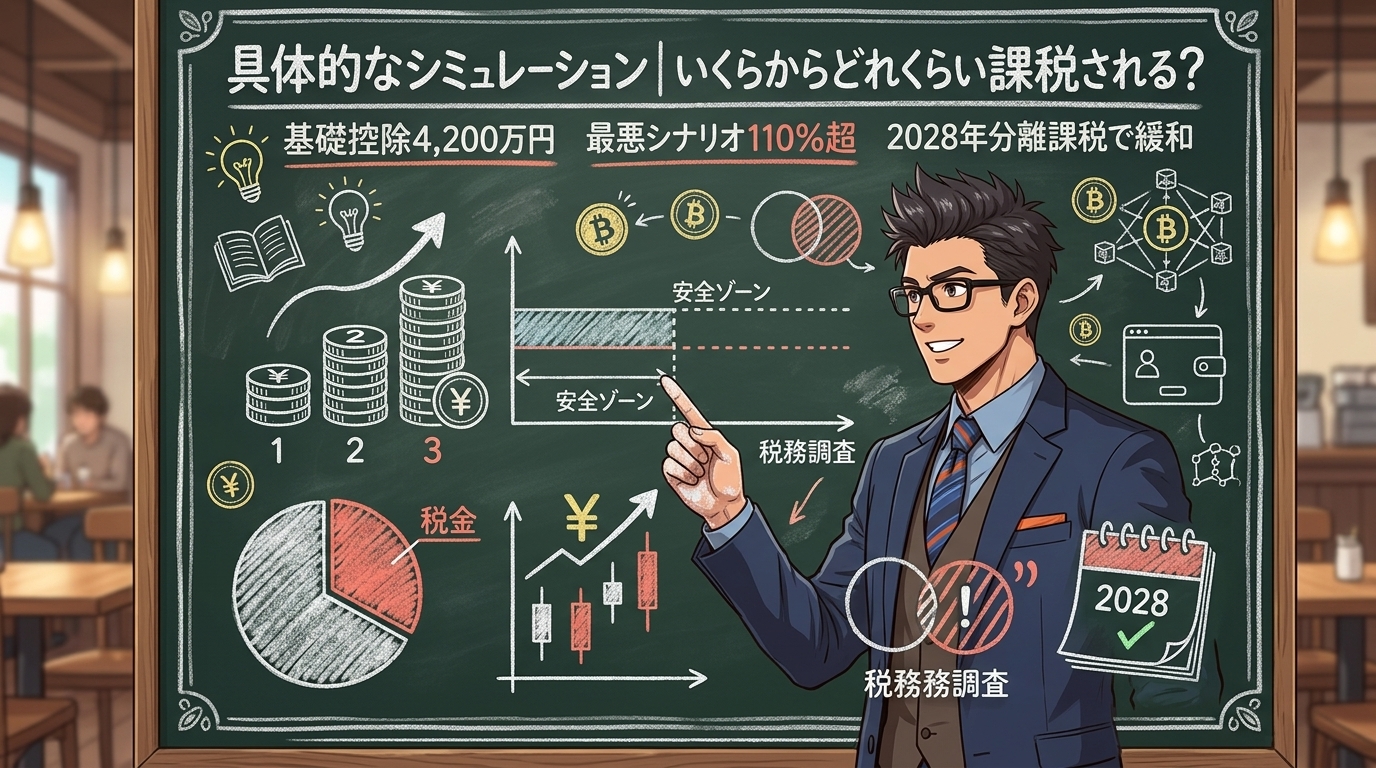具体的なシミュレーション|いくらからどれくらい課税される?を解説するイラスト|ビットコイン 相続税