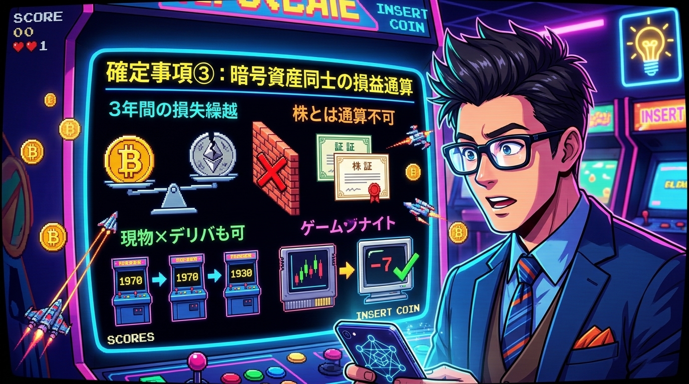 損した年も無駄にしない新ルールについて3年間の損失繰越や株とは通算不可や現物×デリバも可などの要素を描いたイラスト