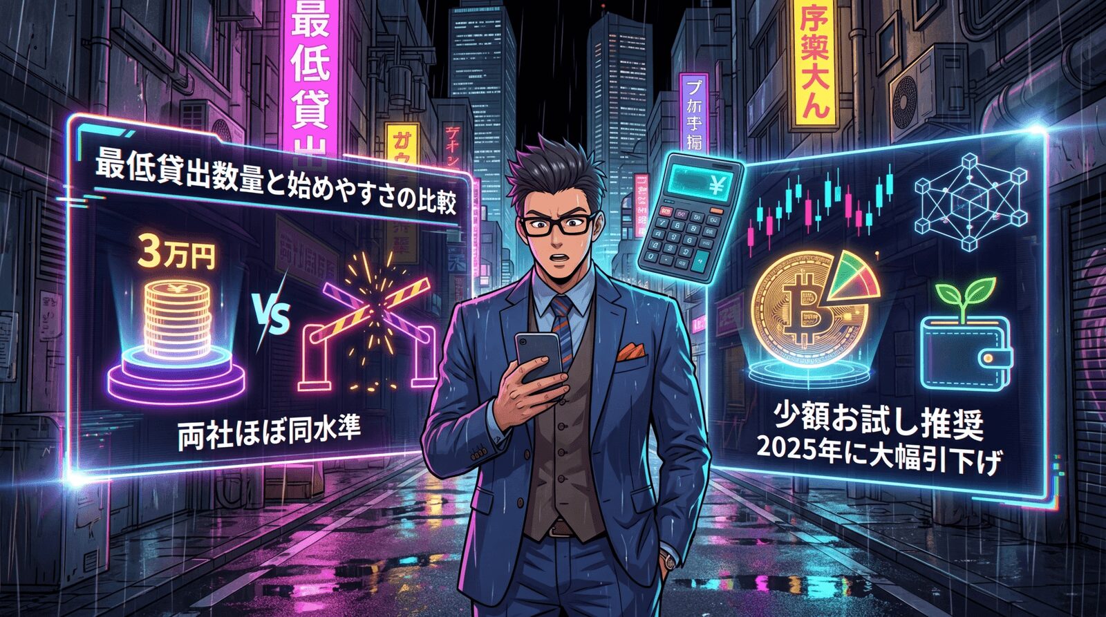 約3万円からでOK!レンディングの壁が消えたについて両社ほぼ同水準や少額お試し推奨や2025年に大幅引下げなどの要素を描いたイラスト