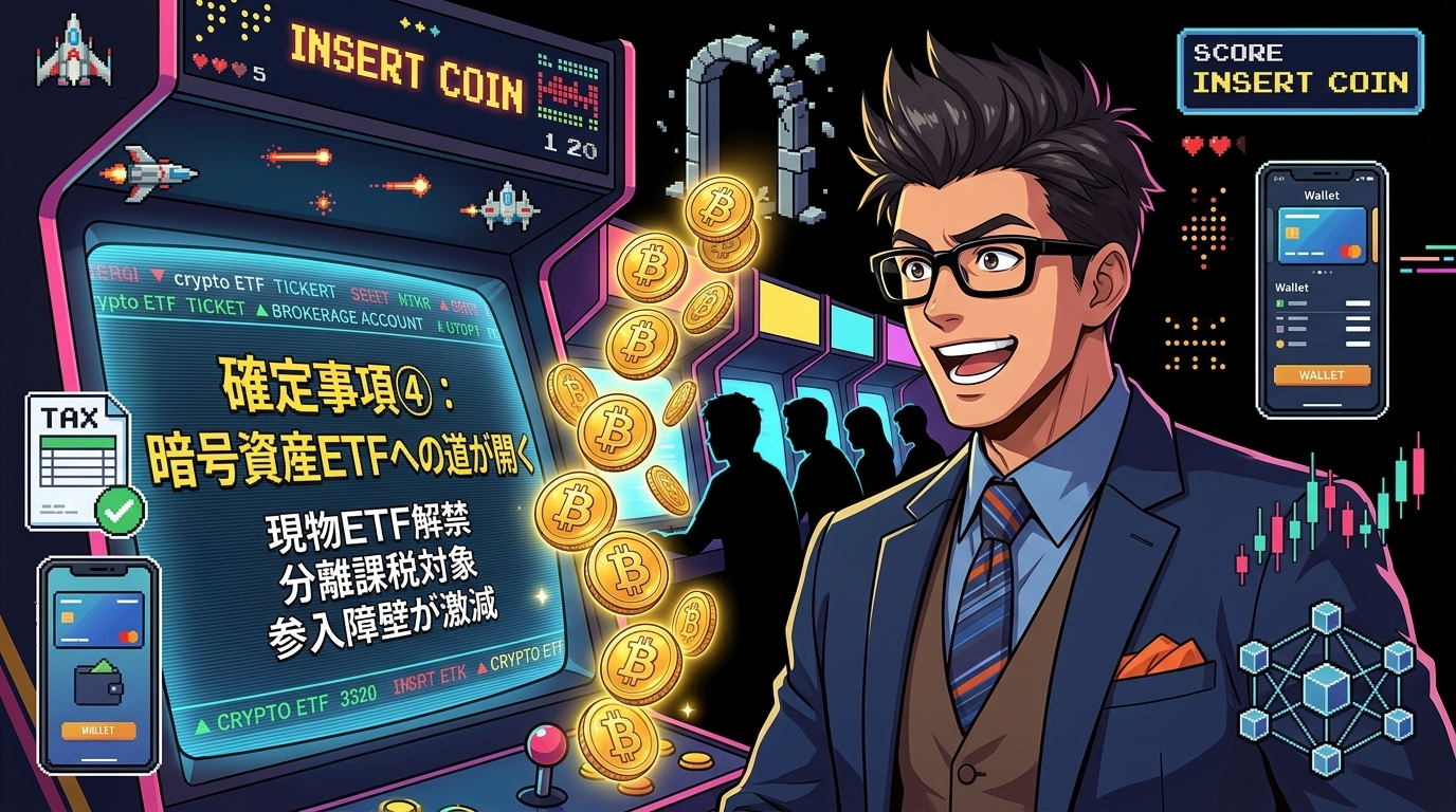 証券口座だけでビットコインが買える時代へについて現物ETF解禁や分離課税対象や参入障壁が激減などの要素を描いたイラスト