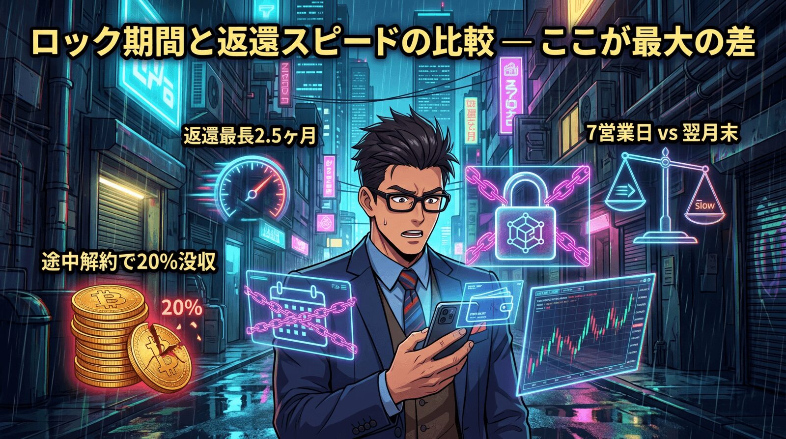 引き出せない恐怖、想像できますか?について返還最長2.5ヶ月や途中解約で20%没収や7営業日 vs 翌月末などの要素を描いたイラスト