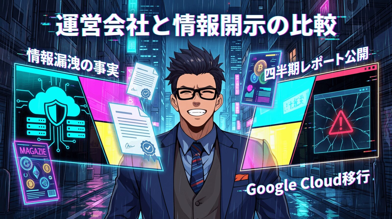 あなたの資産、預け先は大丈夫?について情報漏洩の事実や四半期レポート公開やGoogle Cloud移行などの要素を描いたイラスト