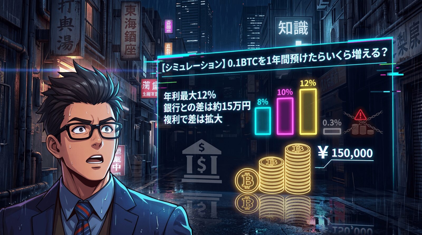 銀行預金の33倍!?レンディングの破壊力について年利最大12%や銀行との差は約15万円や複利で差は拡大などの要素を描いたイラスト