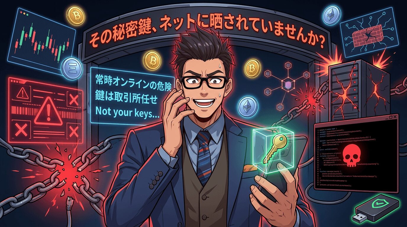 暗号資産の秘密鍵をネット上に保管する危険性を警告する眼鏡をかけたビジネスマンが、ハードウェア財布型の鍵を持ち、背景に壊れた鎖と警告画面とビットコインやイーサリアムのコインが浮かぶ図解