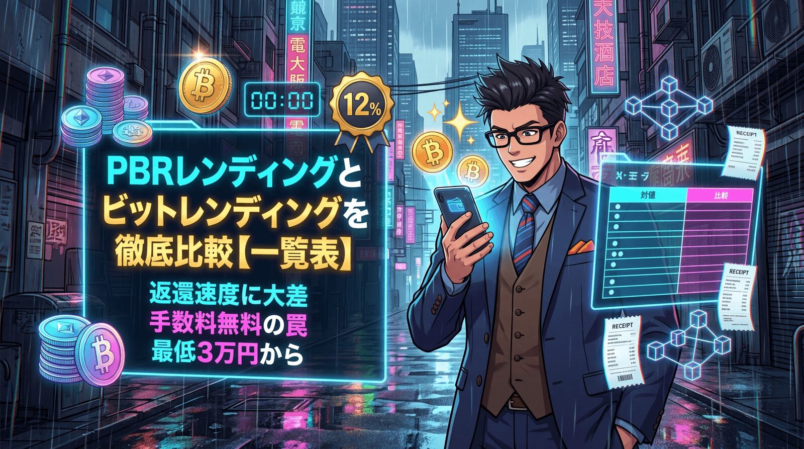 年利12%と10%、どっちが得?について返還速度に大差や手数料無料の罠や最低3万円からなどの要素を描いたイラスト