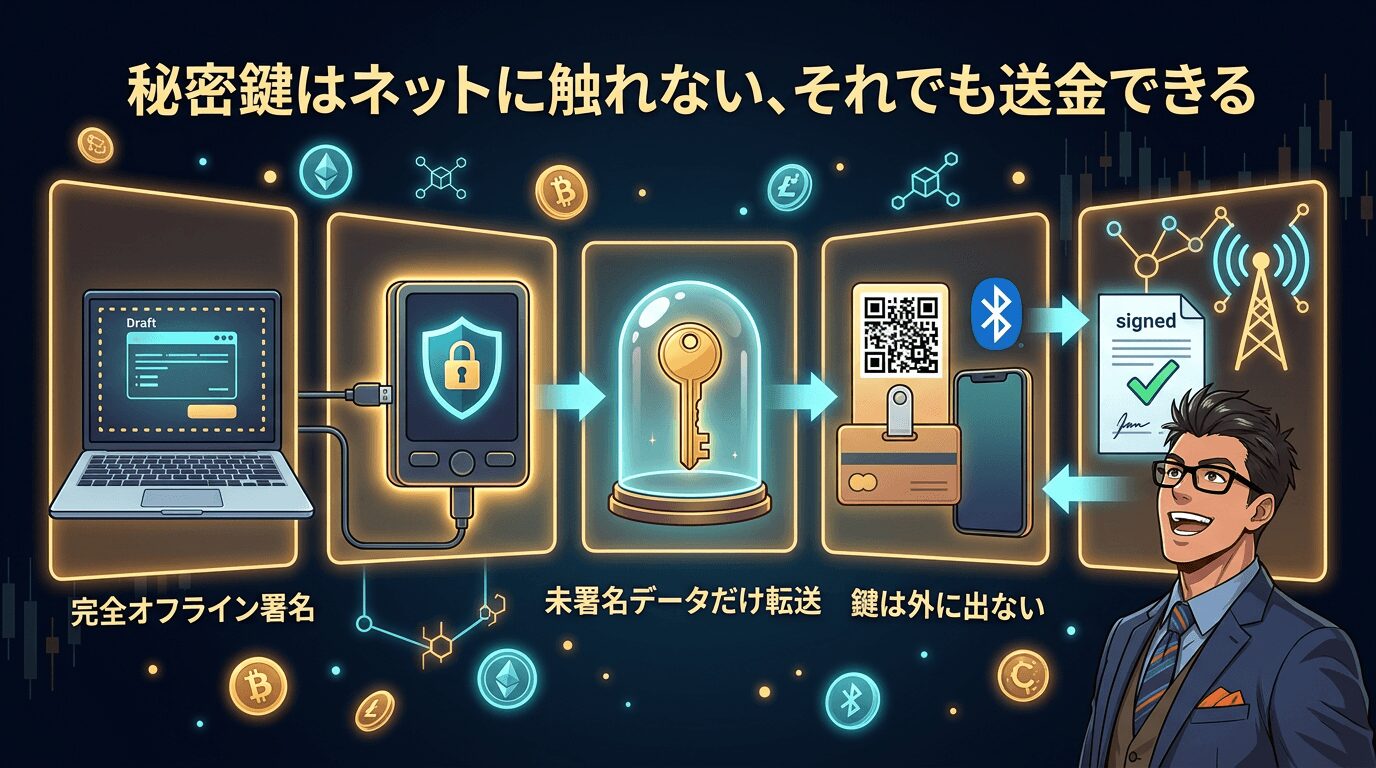 暗号資産の安全な送金の仕組みを説明する図解で、左からパソコンでの署名作成、スマホへの転送、鍵の保管、二次元コードとブルートゥースでの署名送信、電波塔への送信までの流れを示したイラスト