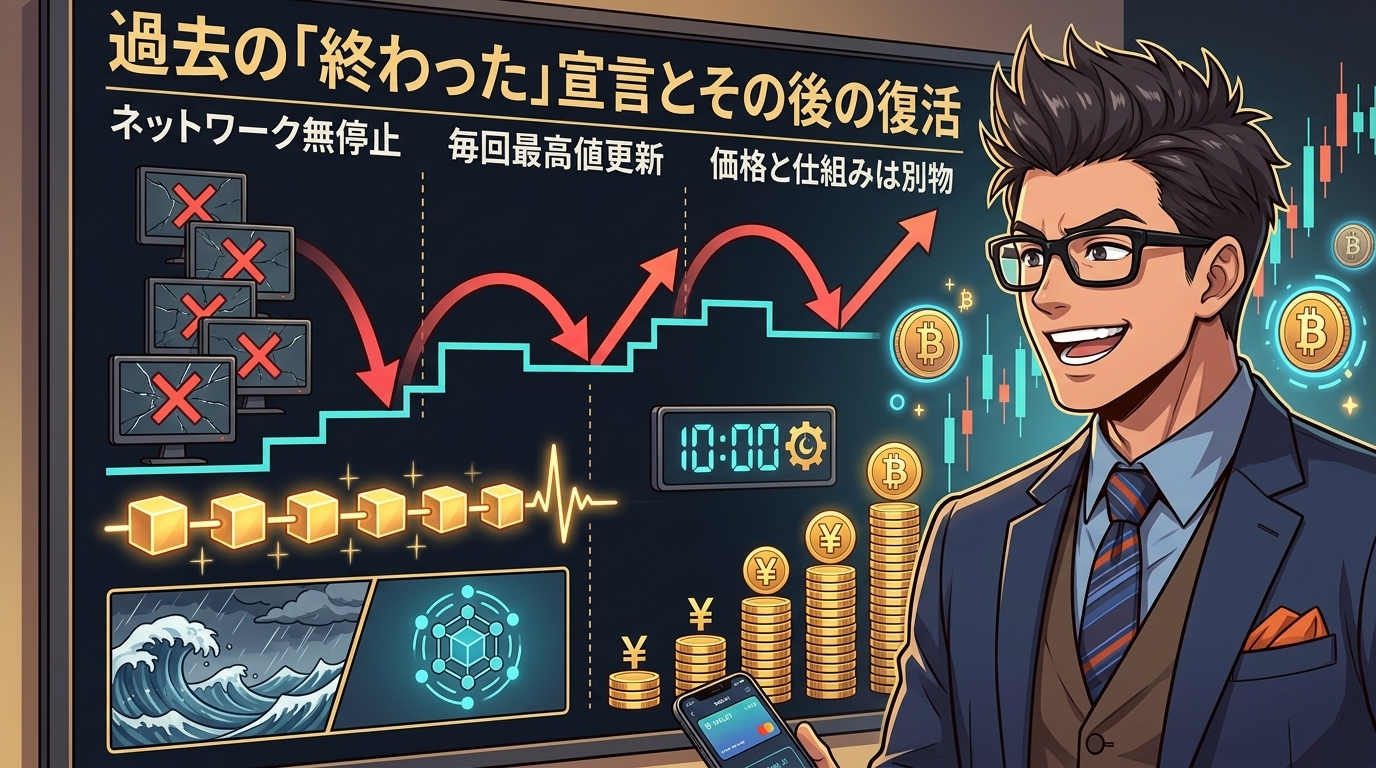 仮想通貨の終了宣言から復活までの歴史を示す図解とビジネスマンのイラスト