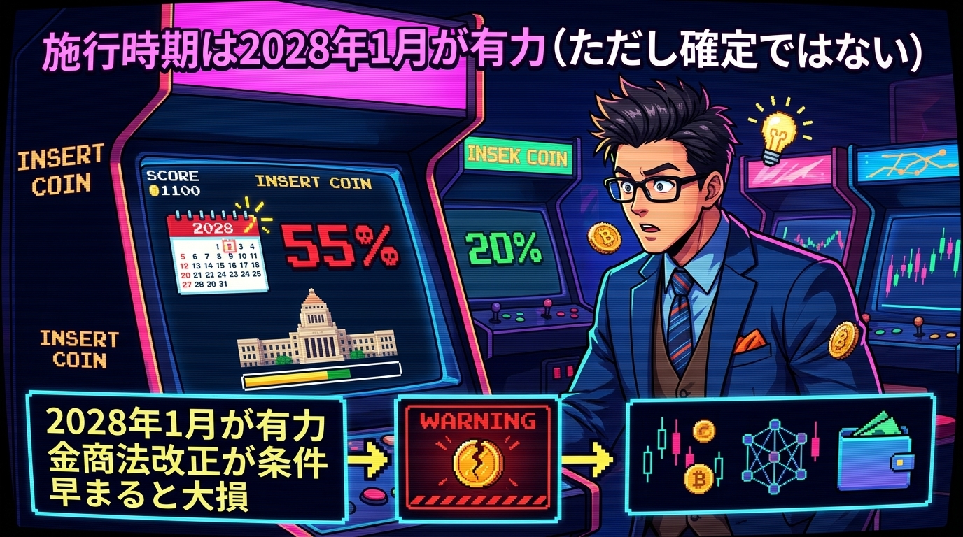 まだ55%!利確は絶対するなについて2028年1月が有力や金商法改正が条件や早まると大損などの要素を描いたイラスト