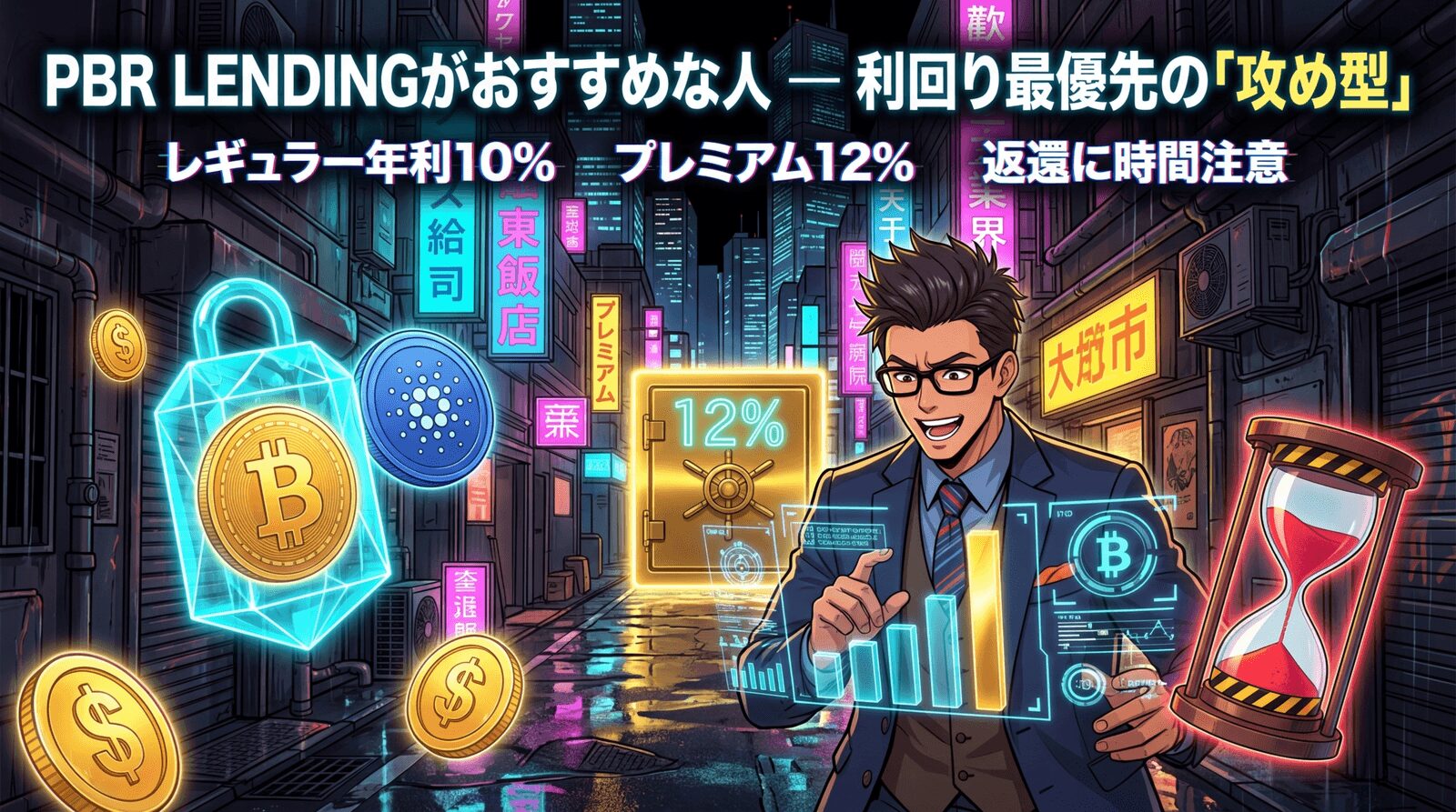年利12%の破壊力、知ってる?についてレギュラー年利10%やプレミアム12%や返還に時間注意などの要素を描いたイラスト