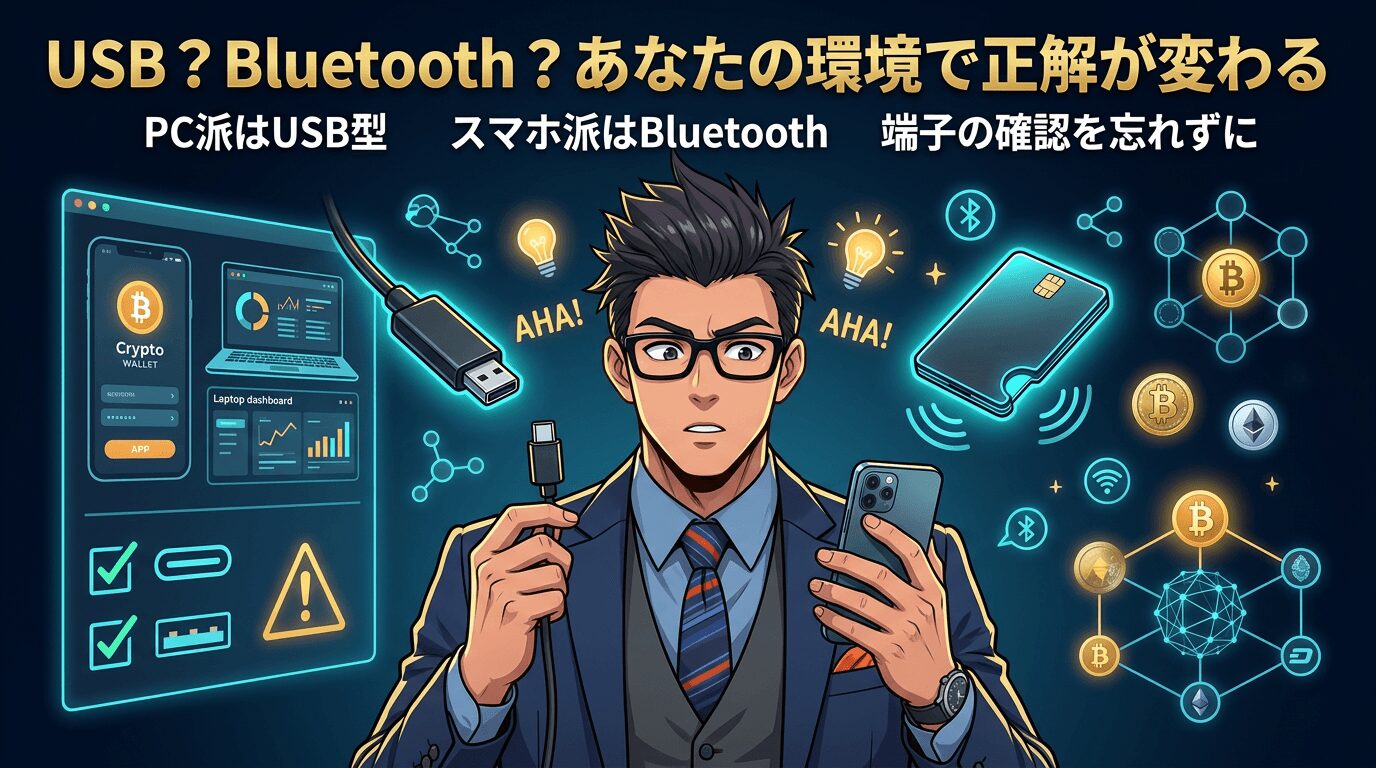 USB接続とブルートゥース接続の違いを説明するイラストで眼鏡をかけた男性がUSBケーブルとスマートフォンを持ちパソコン画面と暗号資産のアイコンが周囲に配置されている