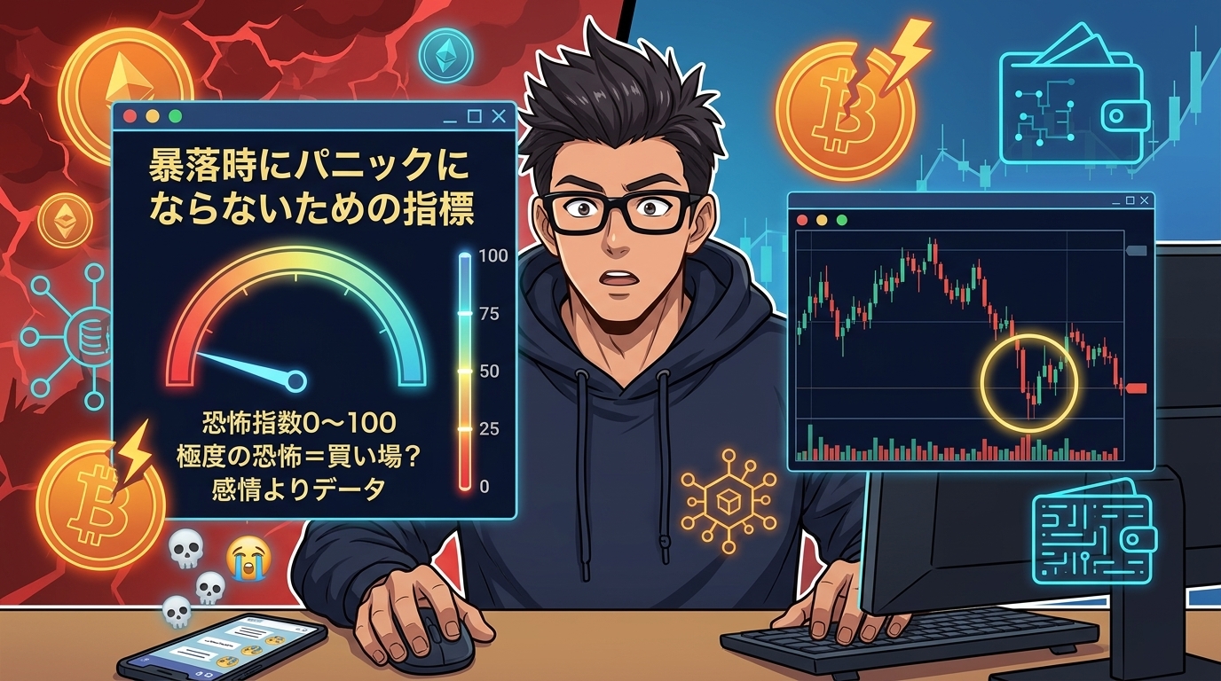 暗号資産の暴落時にパニックにならないための恐怖指数を示す画面と価格チャートを見つめる眼鏡をかけた投資家の男性