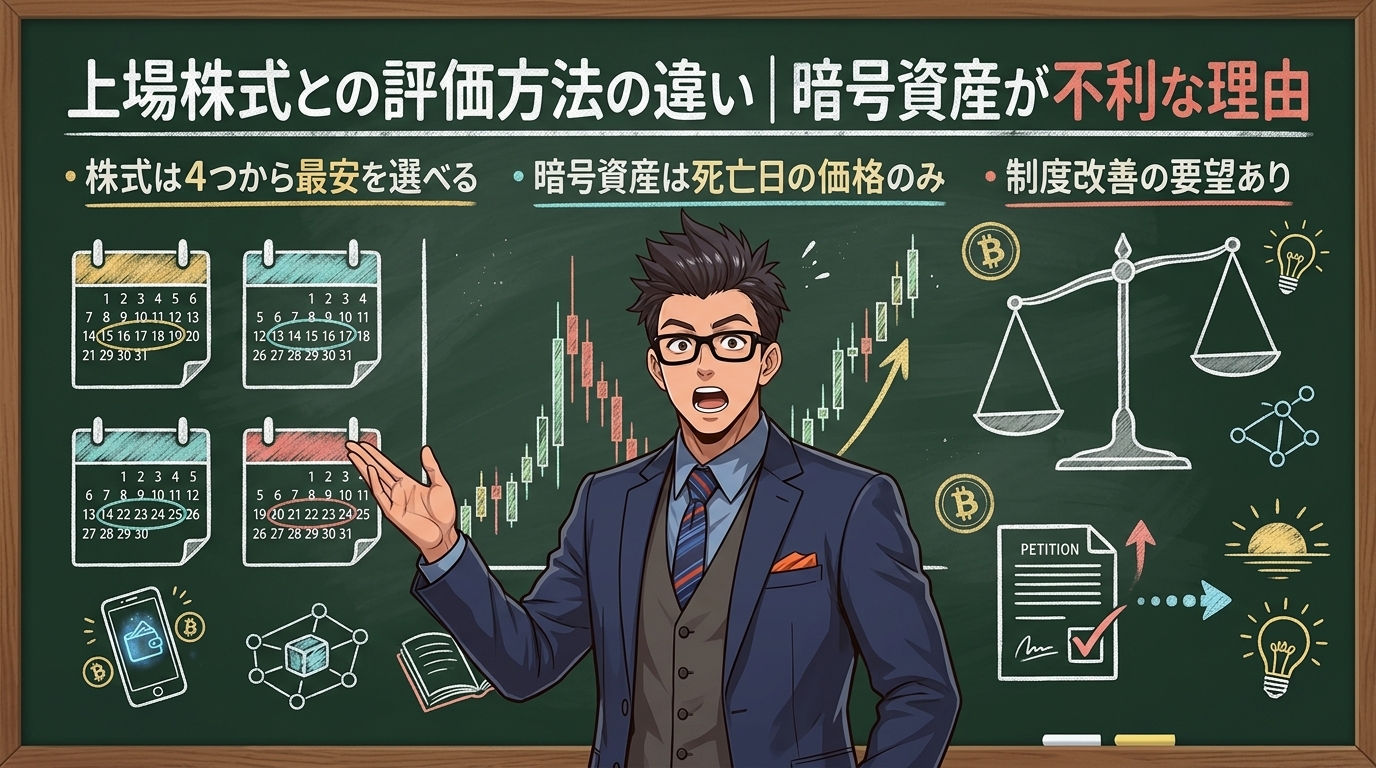 上場株式との評価方法の違い|暗号資産が不利な理由を解説するイラスト|ビットコイン 相続税