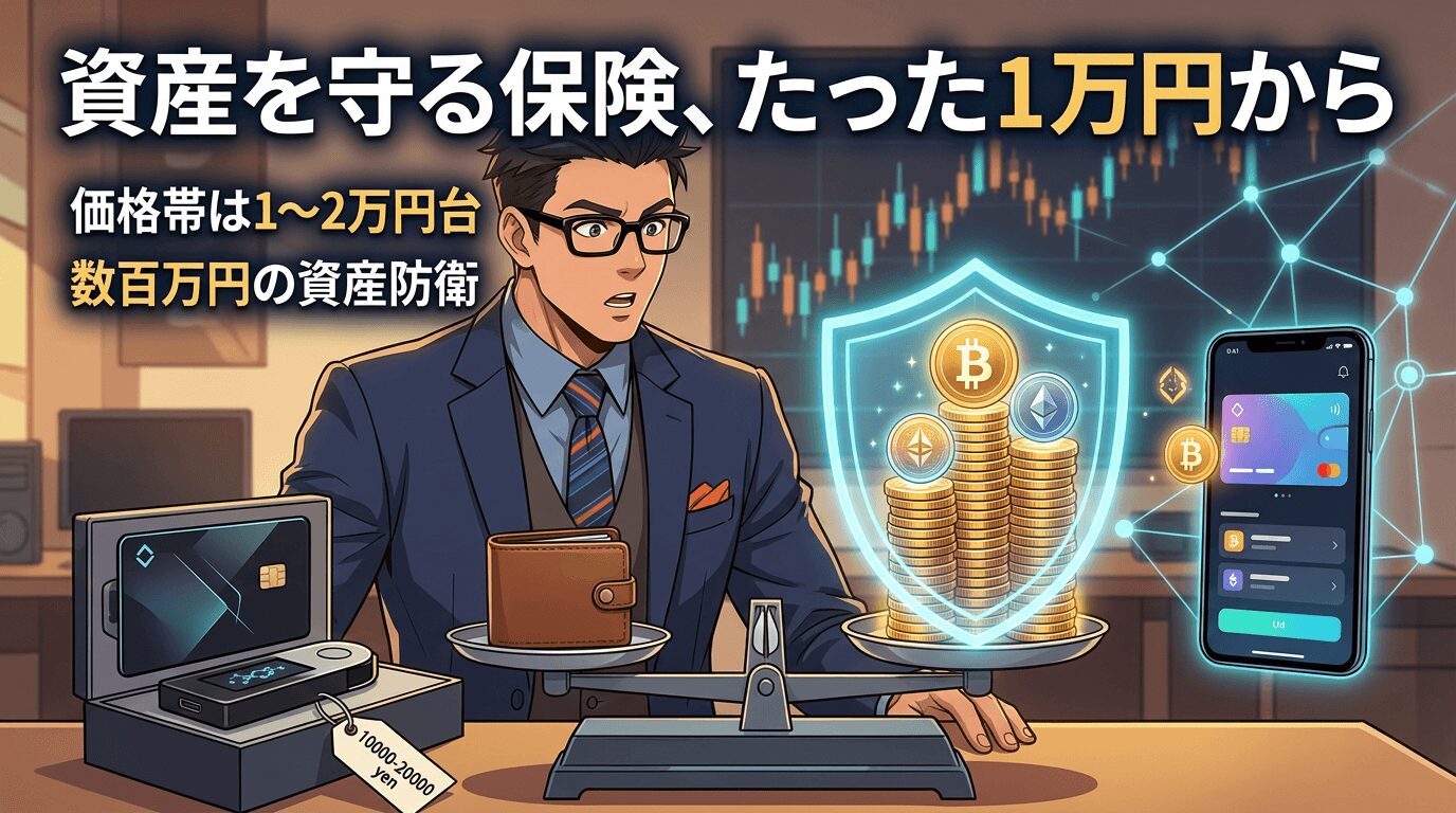 月額1万円から始められる暗号資産保険のイメージ図で眼鏡をかけたビジネスマンの前に盾で守られた仮想通貨コインと財布とスマートフォンが並んでいる様子