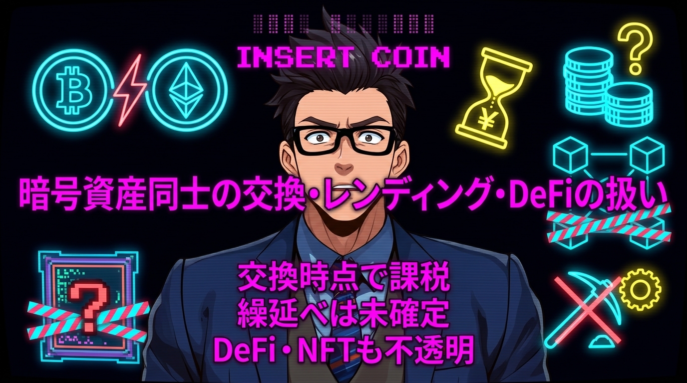 交換しただけで課税!?未解決だらけの暗号資産税制について交換時点で課税や繰延べは未確定やDeFi・NFTも不透明などの要素を描いたイラスト