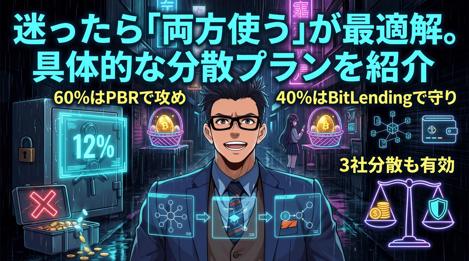 1社集中は絶対NG!卵は分けて守れについて60%はPBRで攻めや40%はBitLendingで守りや3社分散も有効などの要素を描いたイラスト