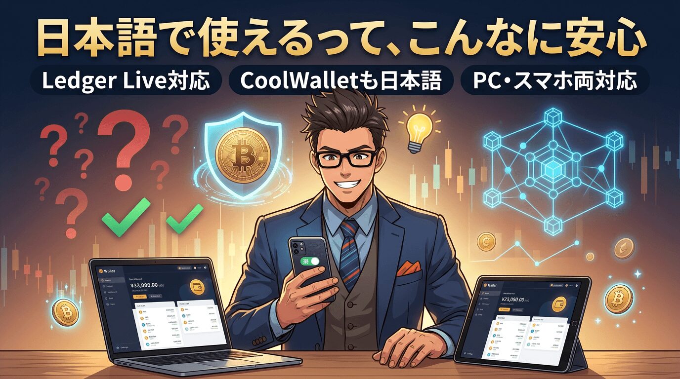 日本語対応の仮想通貨財布サービスを紹介するビジネスマンとパソコンやスマホの画面イラスト