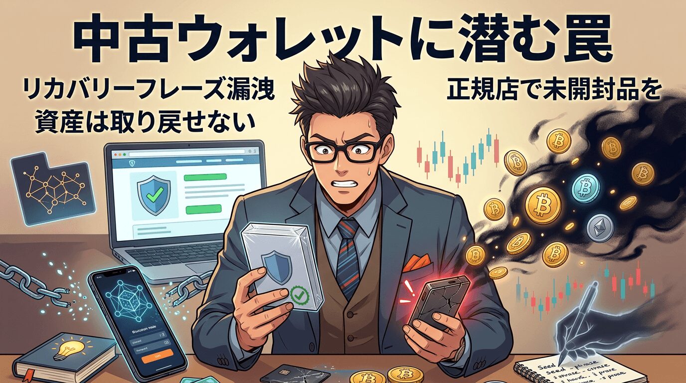 中古の仮想通貨財布に潜む罠を警告する画像で眼鏡をかけたビジネスマンが盾のマークが表示されたノートパソコンとスマートフォンを持ち背景にビットコインなどの仮想通貨が飛び交う様子が描かれている