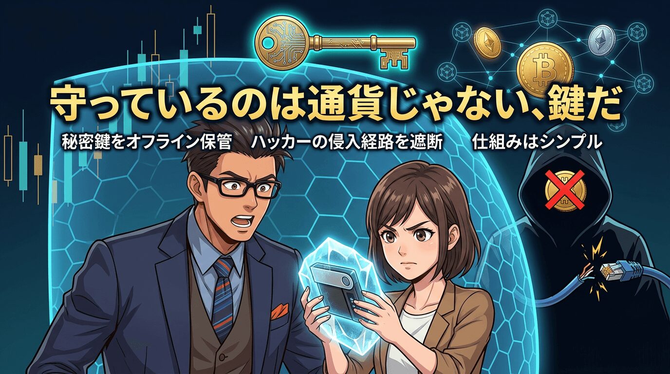 暗号資産の秘密鍵をオフラインで安全に保管する仕組みを説明するイラストで、金色の鍵とビットコインのマークが描かれ、眼鏡をかけた男性とスマートフォンを持つ女性が不正アクセスから守る方法を解説している様子