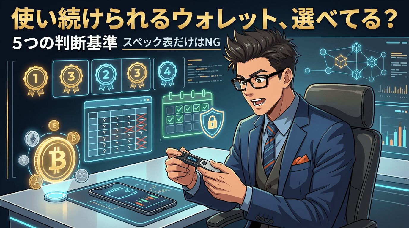 眼鏡をかけたスーツ姿の男性が仮想通貨の財布を手に持ち5つの判断基準を示す画面の前で長く使える財布の選び方を解説している様子