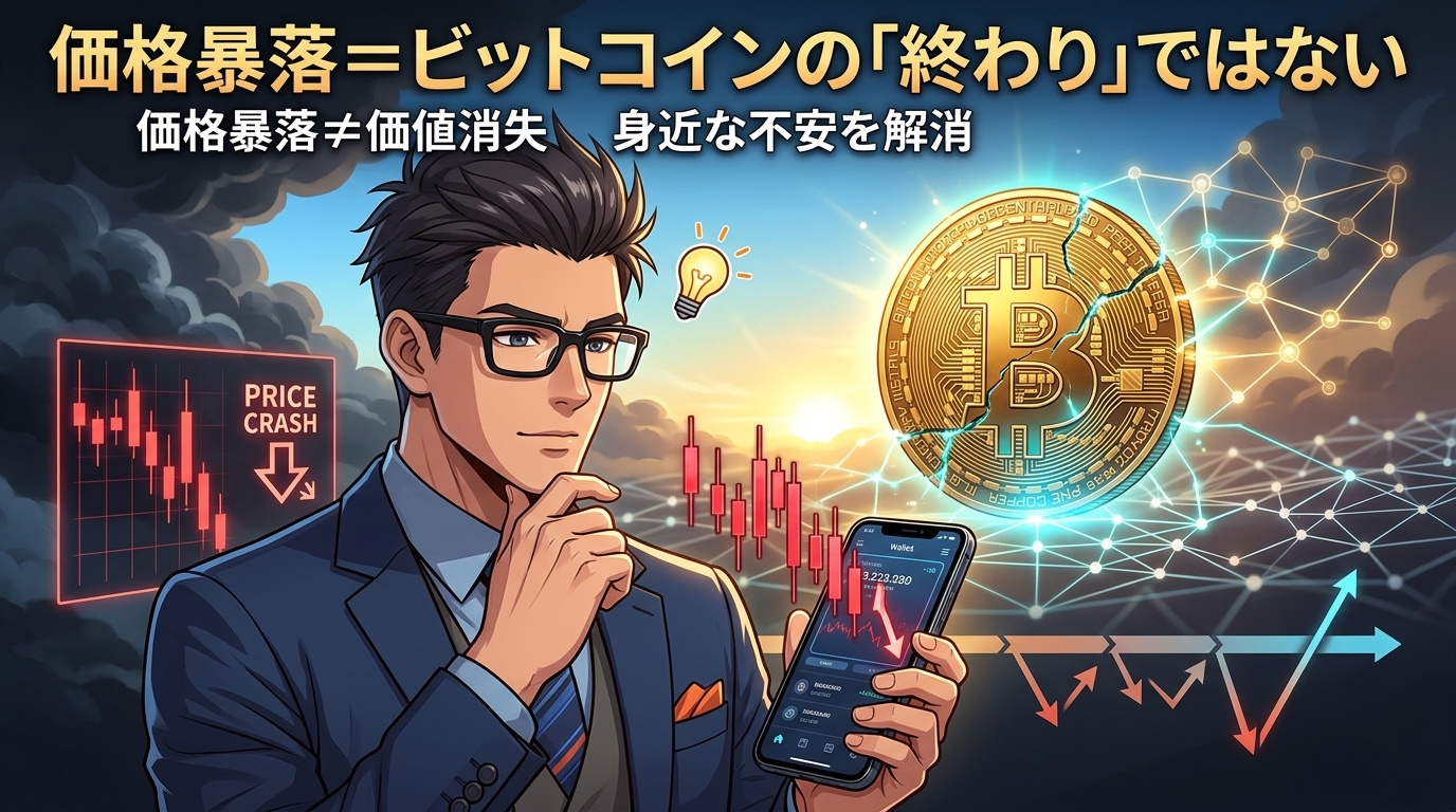 ビットコインの価格暴落と今後の見通しを分析する眼鏡をかけたビジネスマンとスマートフォンの価格チャート画面