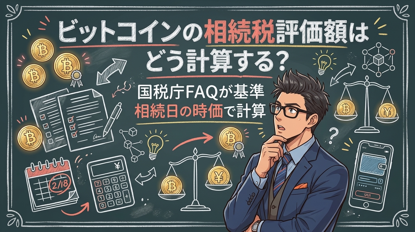 ビットコインの相続税評価額はどう計算する?を解説するイラスト|ビットコイン 相続税