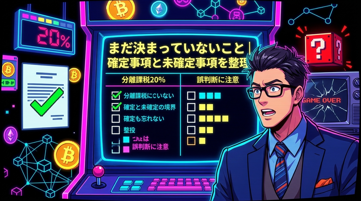 全部決まったと思ってない?について分離課税20%や確定と未確定の境界や誤判断に注意などの要素を描いたイラスト