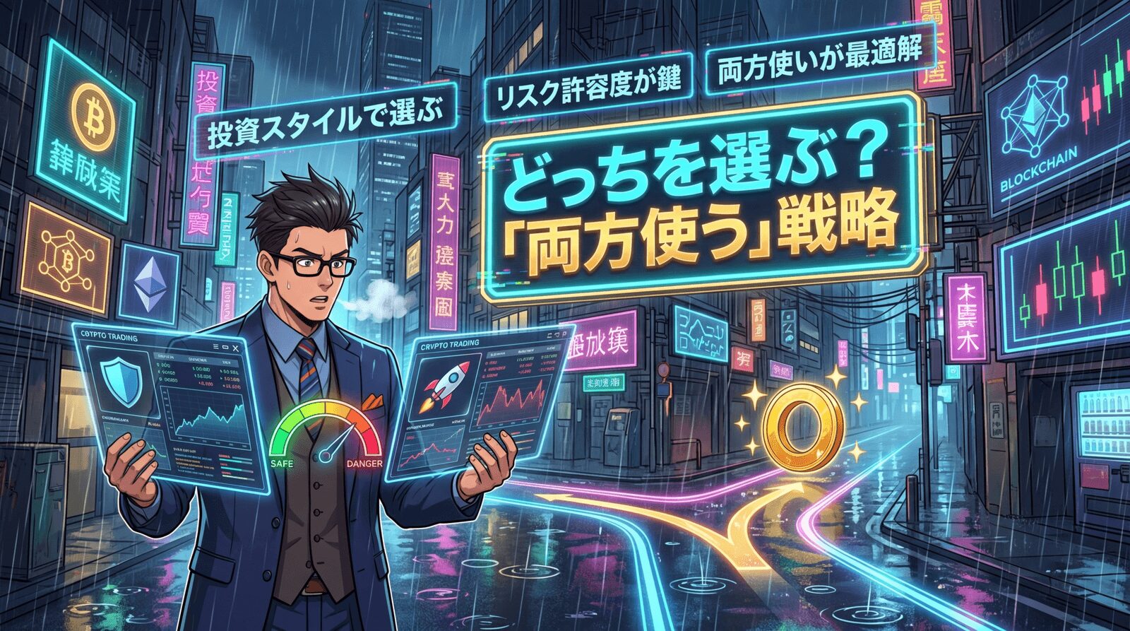 迷ったら両方使えばいいについて投資スタイルで選ぶやリスク許容度が鍵や両方使いが最適解などの要素を描いたイラスト