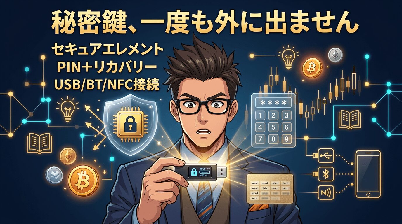 眼鏡をかけたビジネスマンが暗号資産用の秘密鍵管理装置を持ち、暗証番号入力画面や復元用の単語カード、ビットコインやイーサリアムのアイコン、USB接続やブルートゥース接続の図解が周囲に配置された暗号資産のセキュリティ対策を説明する画像