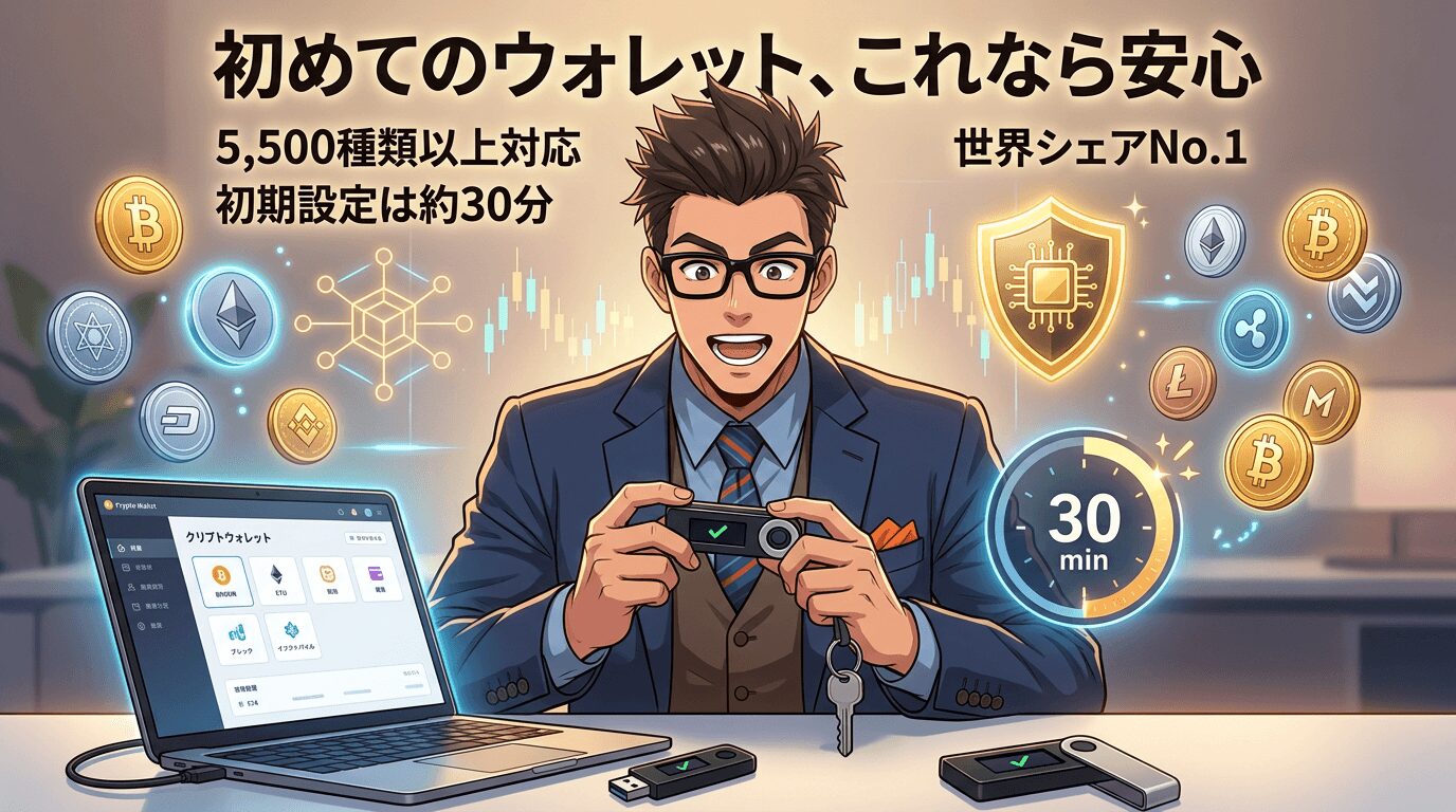 初心者向け暗号資産財布の紹介画像で眼鏡をかけたスーツ姿の男性が財布端末を持ち5500種類以上対応で世界シェア1位と30分で初期設定完了を示すノートパソコンと各種暗号通貨のアイコンが表示されている様子