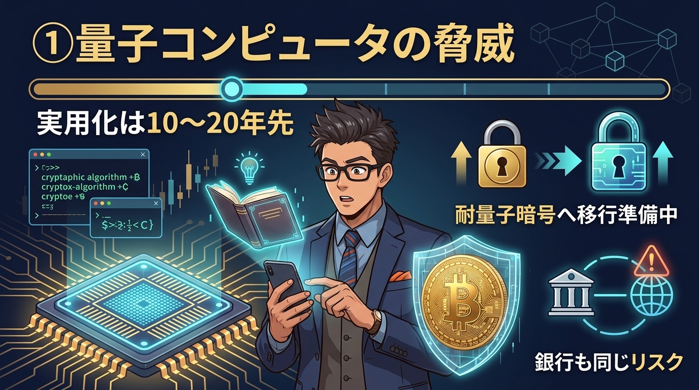 量子コンピュータの脅威と耐量子暗号への移行準備を説明する図解で中央にスーツ姿の男性が本とスマートフォンを持ち左側に回路基板と暗号化プログラムコード右側に南京錠からデジタル錠へ移行する矢印とビットコインマークを配置した解説画像