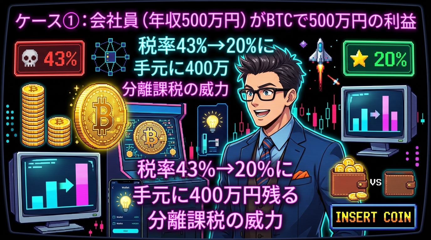 同じ利益で115万円も差がつく!について税率43%→20%にや手元に400万円残るや分離課税の威力などの要素を描いたイラスト