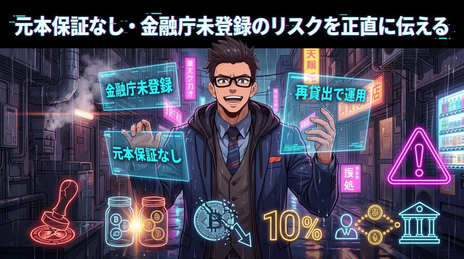 年利10%の裏側、知ってから始めても遅くないについて金融庁未登録や元本保証なしや再貸出で運用などの要素を描いたイラスト