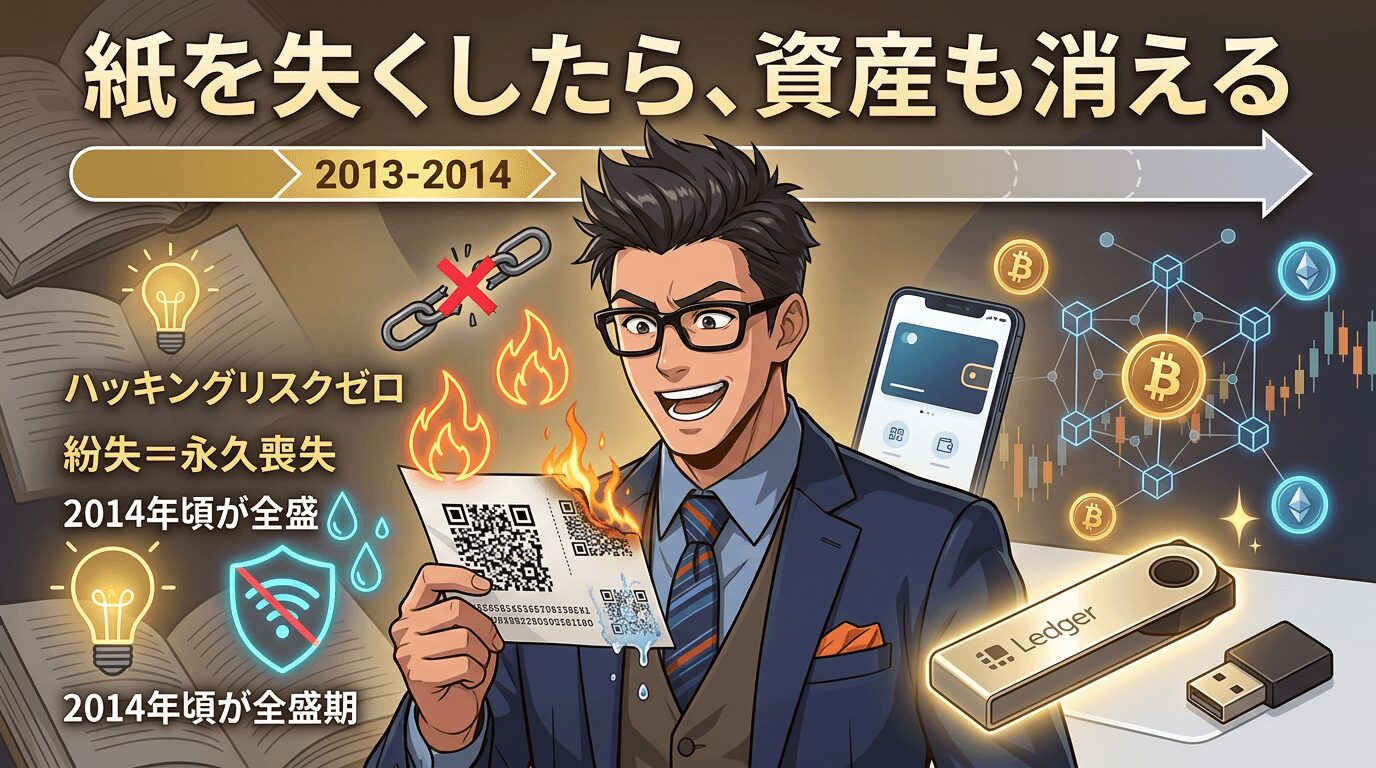紙の秘密鍵を失くすリスクを示す2013年から2014年の暗号資産管理の変遷と物理的な保管装置を持つ男性の図解