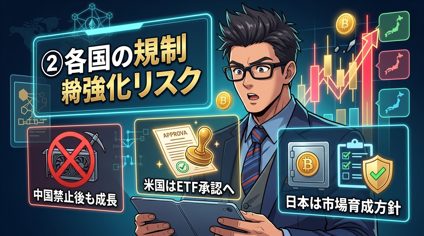 各国の仮想通貨規制の違いを説明する図解で眼鏡をかけたビジネスマンが中国の禁止・米国の承認・日本の育成方針を示している