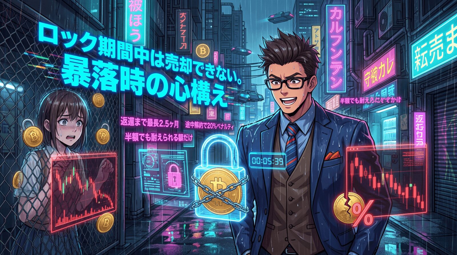 暴落しても売れない恐怖、知ってますか?について返還まで最長2.5ヶ月や途中解約で20%ペナルティや半額でも耐えられる額だけなどの要素を描いたイラスト