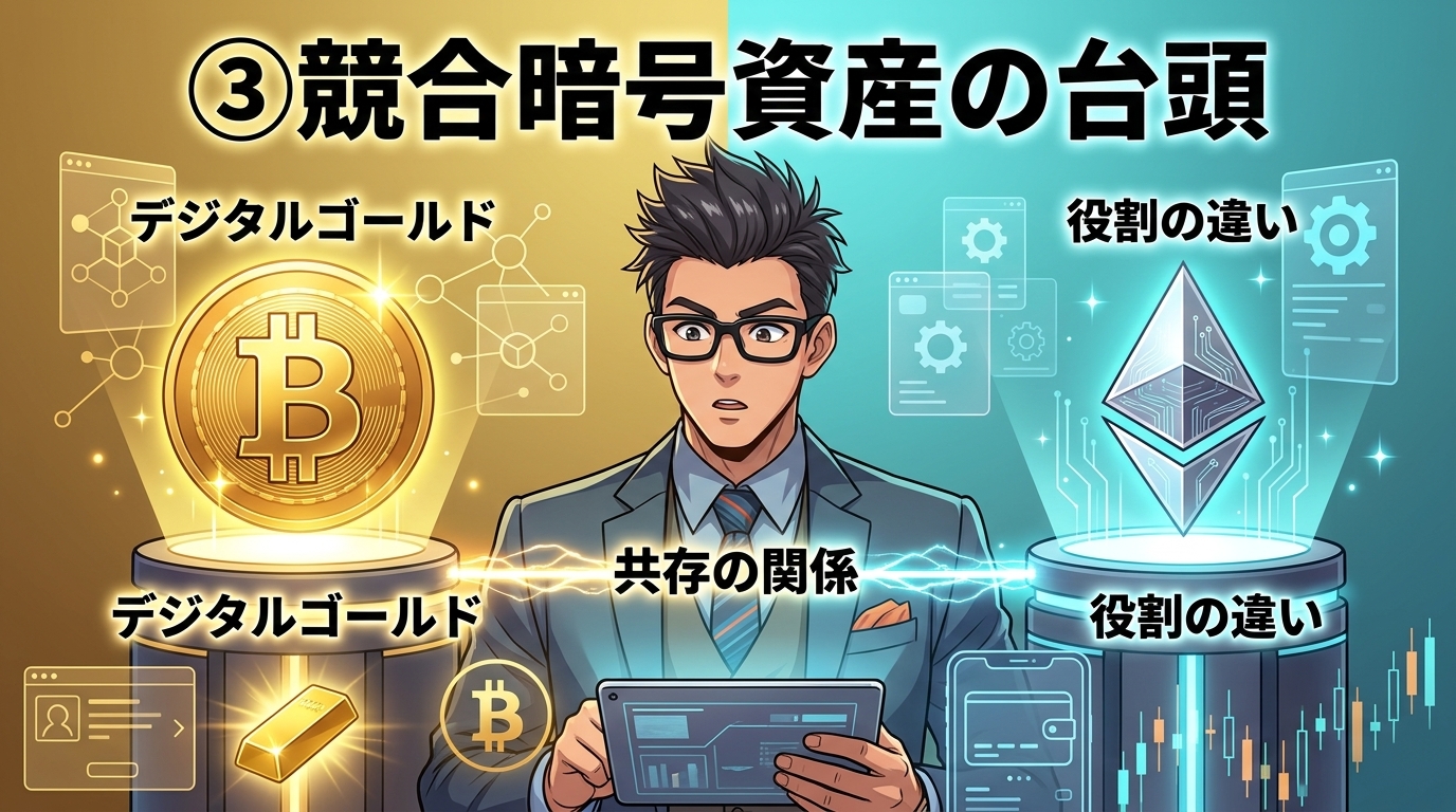 ビットコインと金の共存関係や役割の違いを説明する眼鏡をかけたビジネスマンと暗号資産の台頭を示す図解