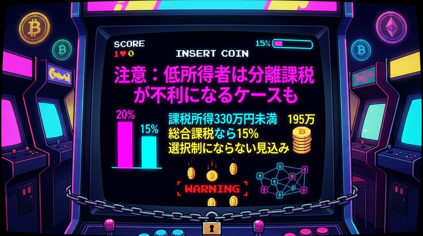 分離課税で逆に損する人がいる!?について課税所得330万円未満や総合課税なら15%や選択制にならない見込みなどの要素を描いたイラスト