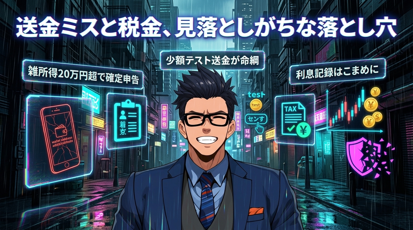 一度の送金ミスで全額消失、その覚悟ある?について雑所得20万円超で確定申告や少額テスト送金が命綱や利息記録はこまめになどの要素を描いたイラスト
