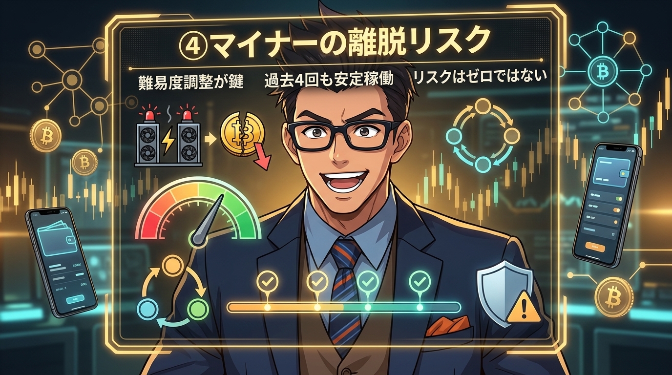 仮想通貨マイニングの離脱リスクを説明する眼鏡をかけたビジネスマンと採掘機器や安定稼働を示す図解イラスト